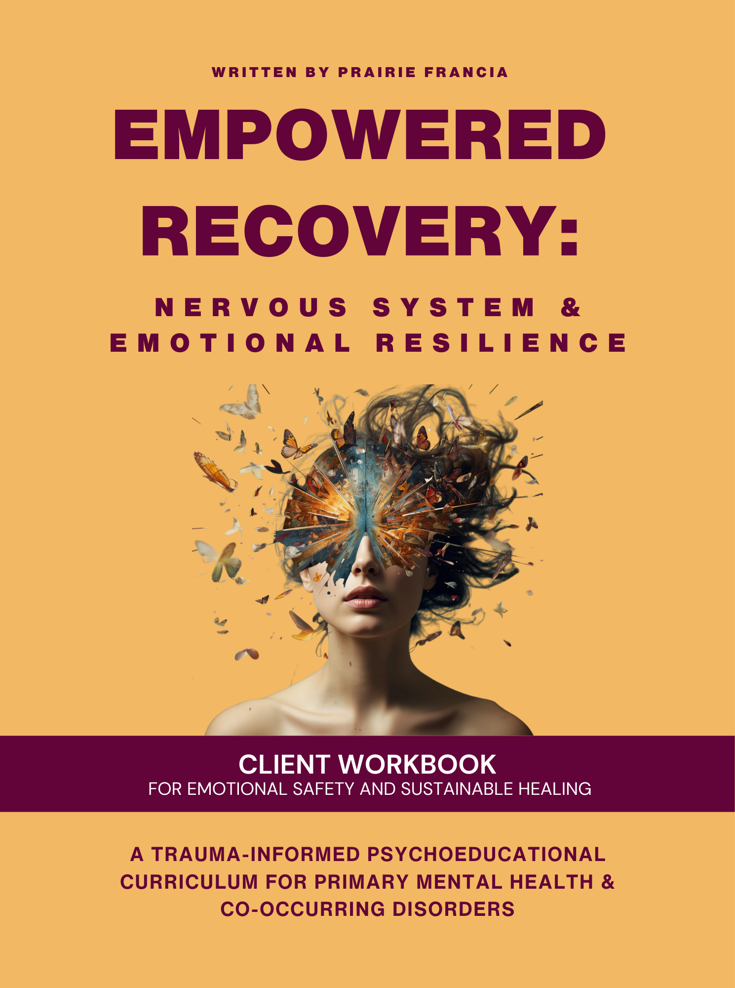 Book cover titled 'Empowered Recovery: Nervous System & Emotional Resilience' with a photo of a woman whose face is partially obscured by an explosion of colorful butterflies and abstract shapes, on a yellow background.