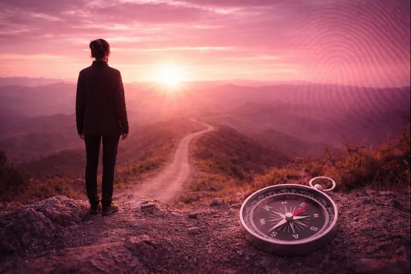A person standing on a rocky hill at sunset, overlooking a winding trail and distant mountains, with a compass in the foreground.