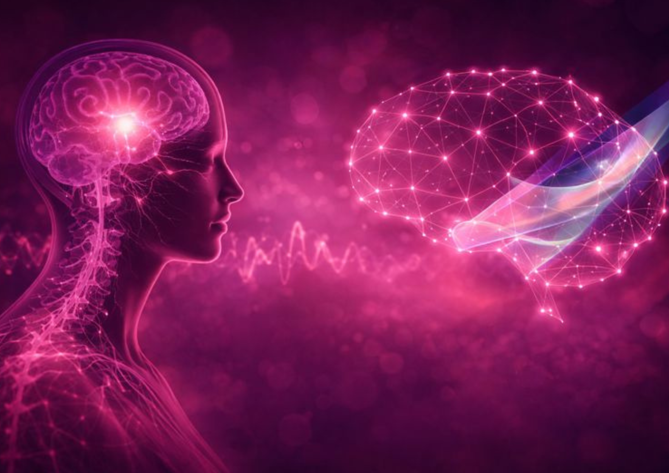 Digital illustration of a human profile with a glowing brain and nervous system, facing a glowing, abstract brain composed of interconnected lines and points, against a purple-pink background with floating particles.