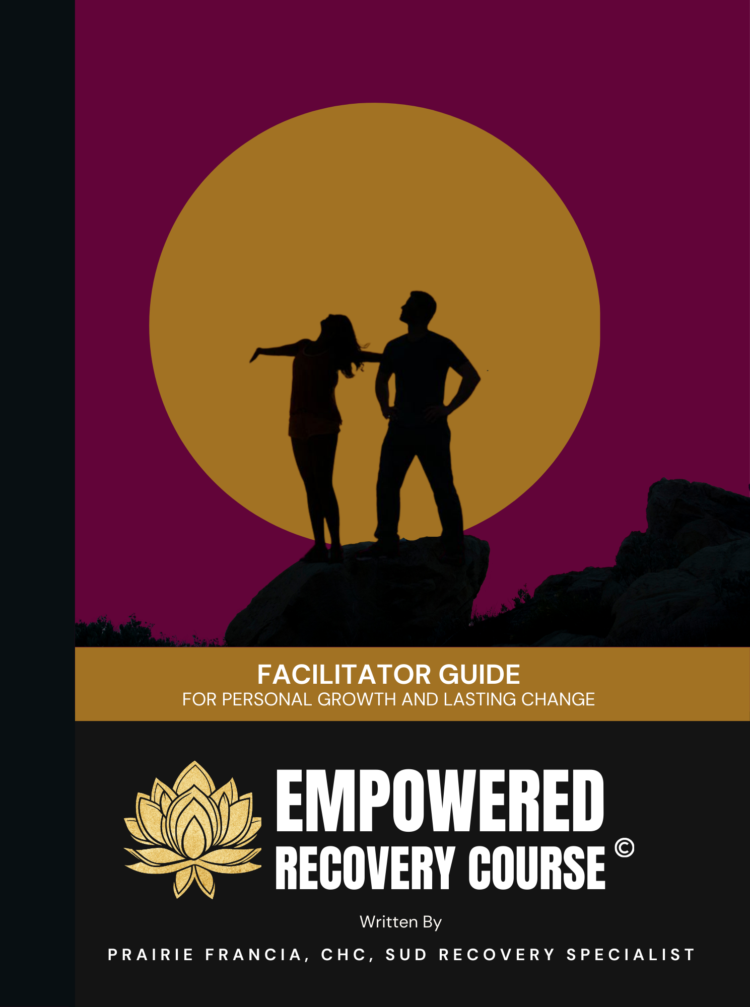 Silhouettes of a man and woman standing on rocks against a large yellow circle, with a purple background. The cover includes text about a recovery course for personal growth.