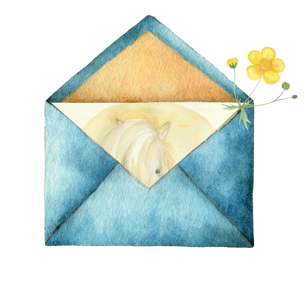 A watercolor painting of a blue envelope with a yellow flower attached, and a peek inside revealing a portrait of a horse. Ponypost vom Hummelhof.