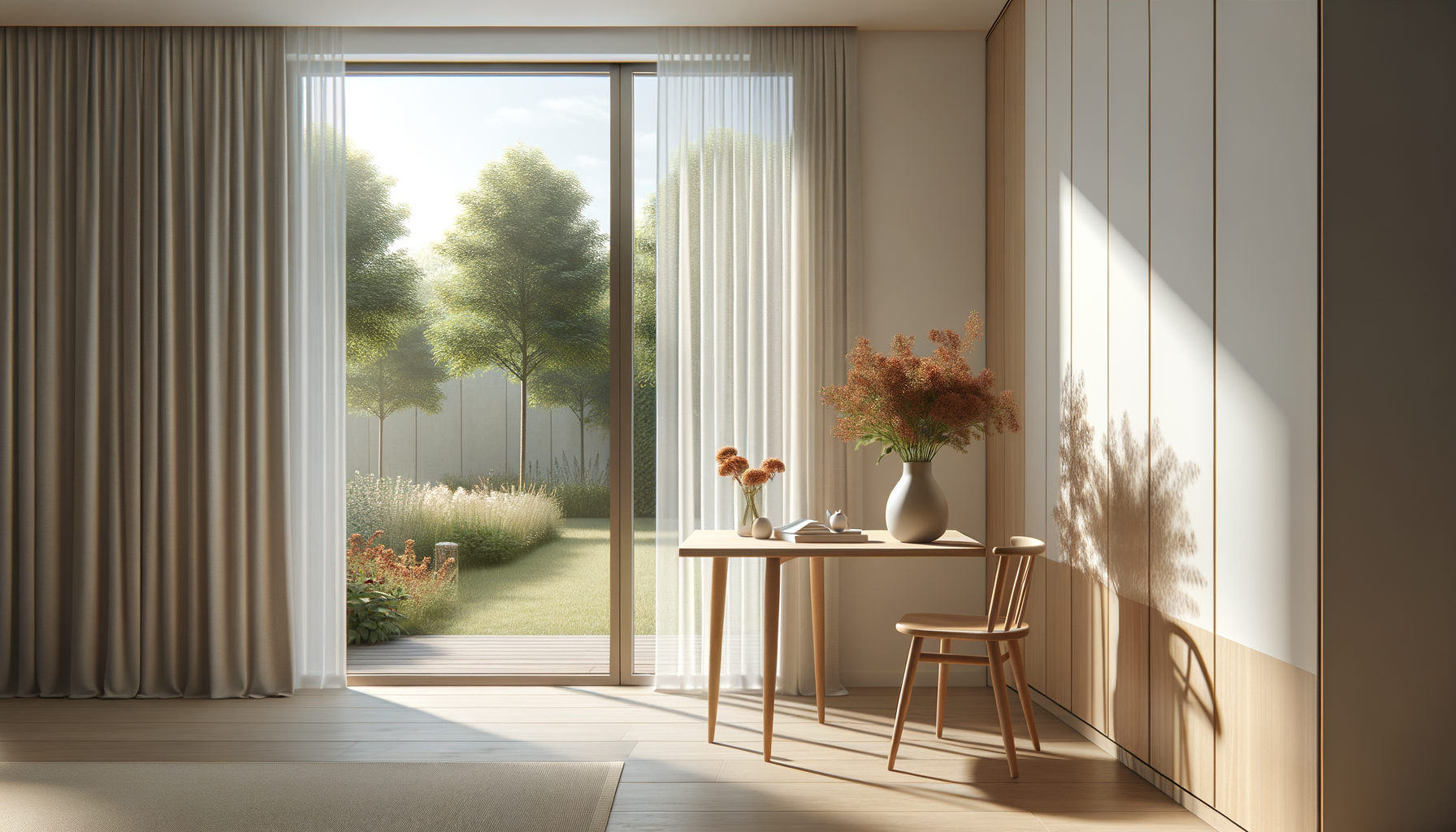 A cozy corner in a modern room with a small wooden table and chair, decorated with vases of flowers, near a large glass sliding door that opens to a lush green garden with trees and shrubs, illuminated by natural sunlight.