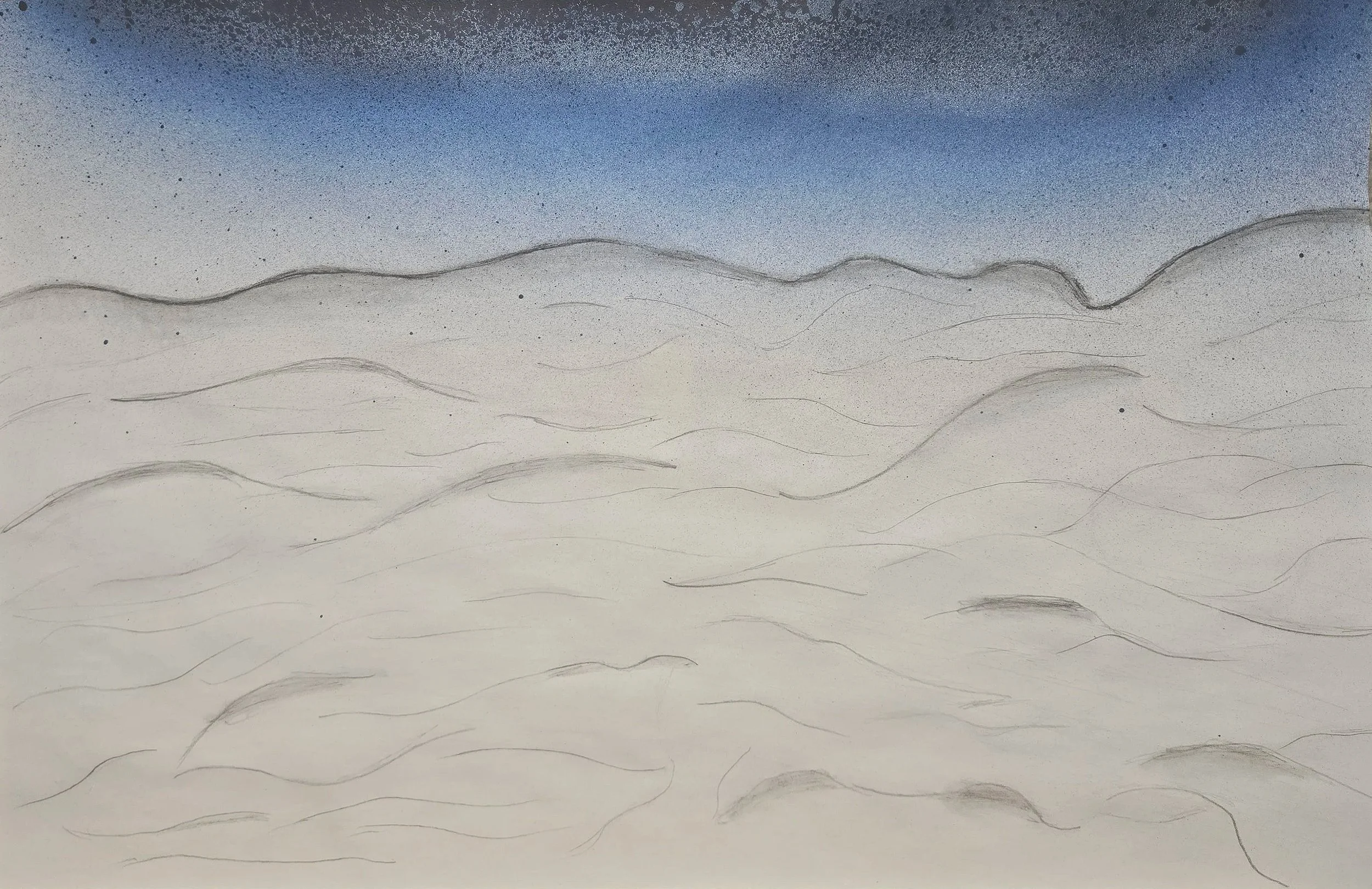 A landscape drawing featuring wavy lines resembling a mountain range under a blue sky with a gradient effect, transitioning from darker at the top to lighter near the horizon.