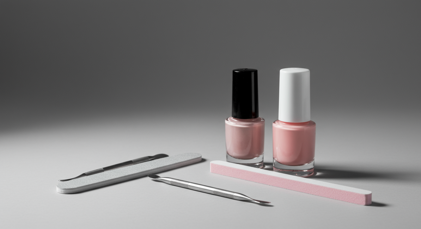 Two bottles of pink nail polish, a gray and a white nail file, and two metal cuticle pushers on a gray background.