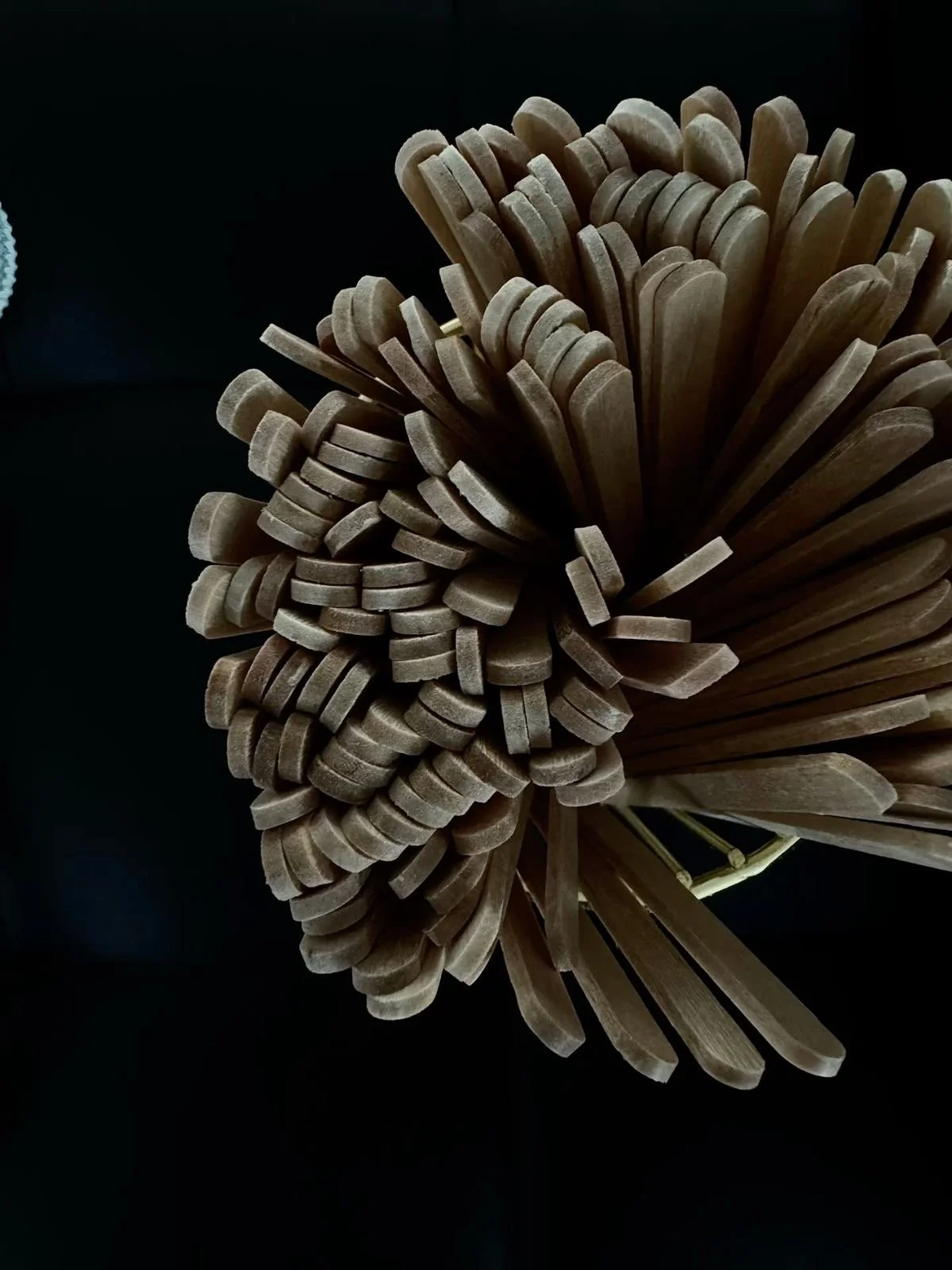 Close-up of a bundle of wooden wax sticks against a dark background.