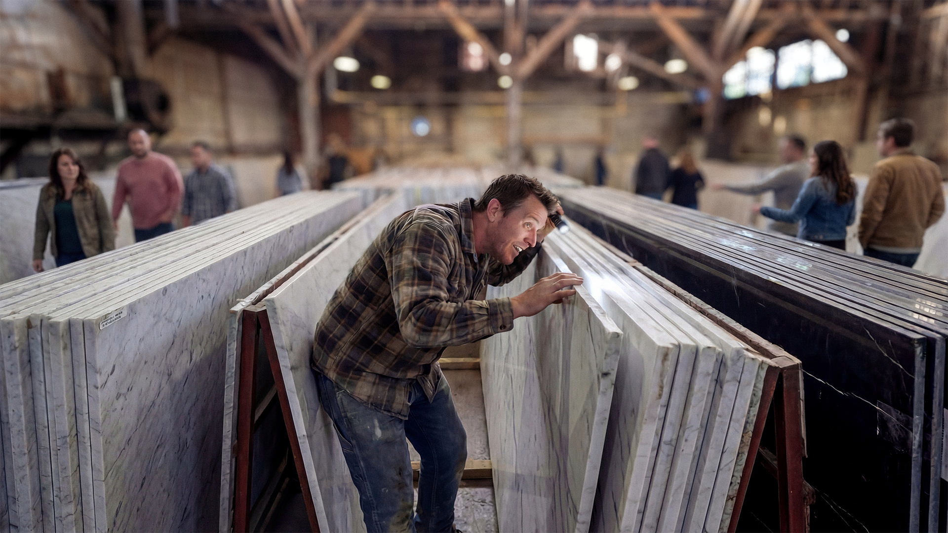 A man examining large slabs of marble in a warehouse with other people in the background.