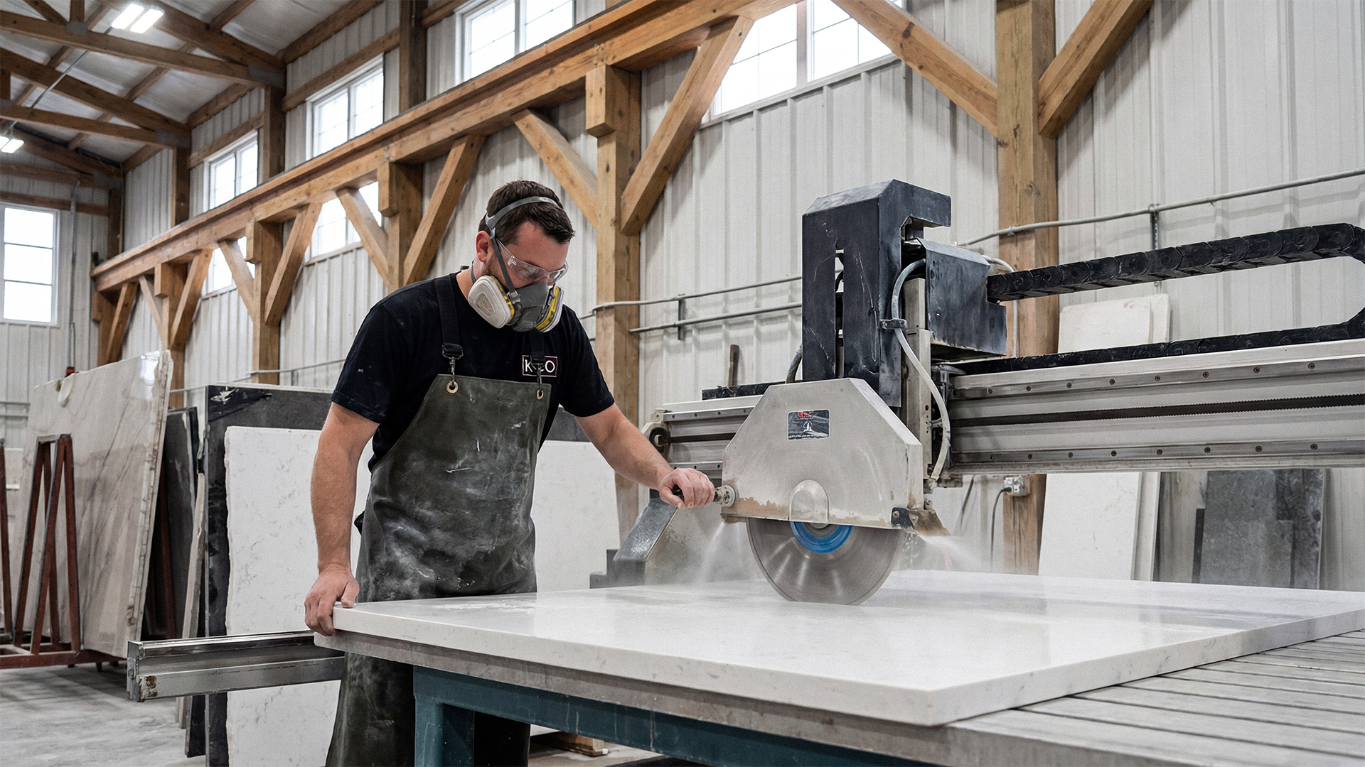 A man wearing a face mask and safety goggles cuts a large slab of white stone with a large industrial saw in a workshop with wooden beams and windows.