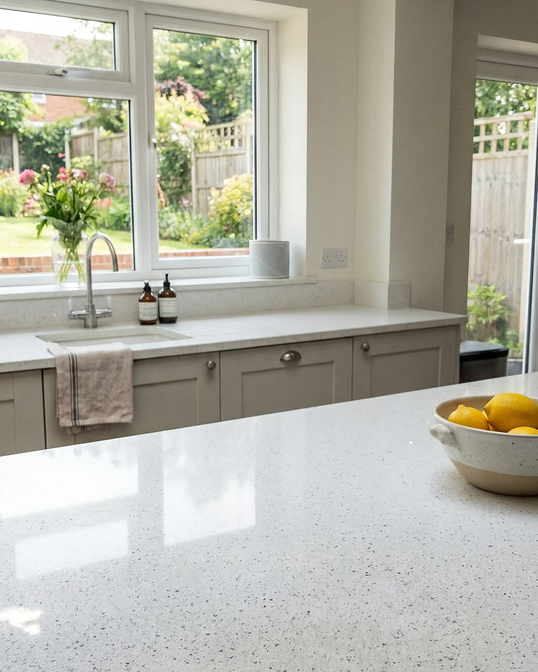 A bright kitchen with a white countertop, a window with a garden view, a vase of flowers, soap bottles, a towel, and a bowl of lemons on the counter.
