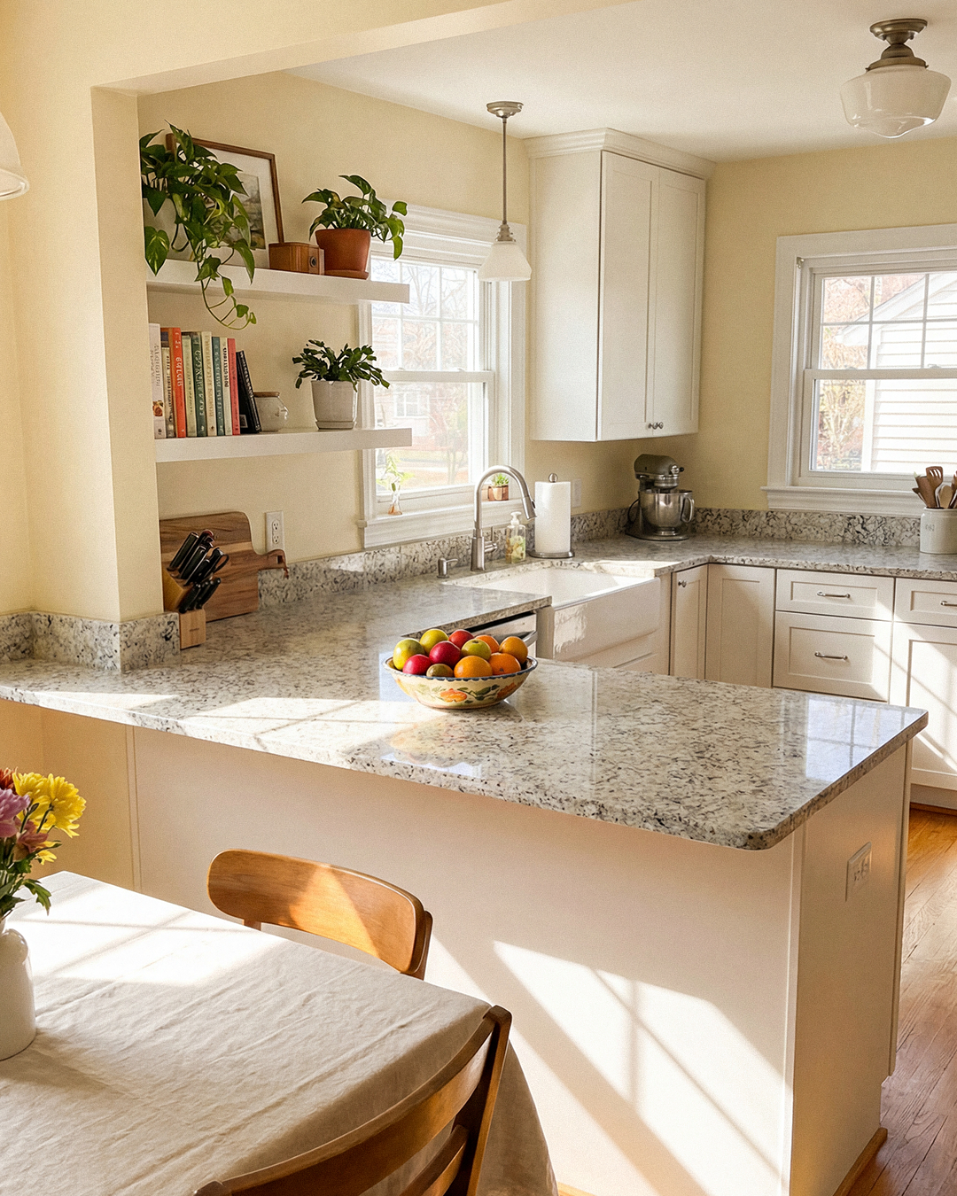 A bright kitchen with white cabinets, granite countertops, a bowl of fruit on the island, and open shelves with potted plants and cookbooks, illuminated by natural light from the windows.