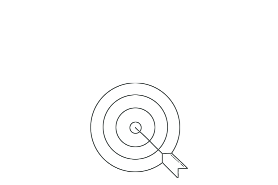 Black line drawing of a dartboard with a dart hitting the bullseye.