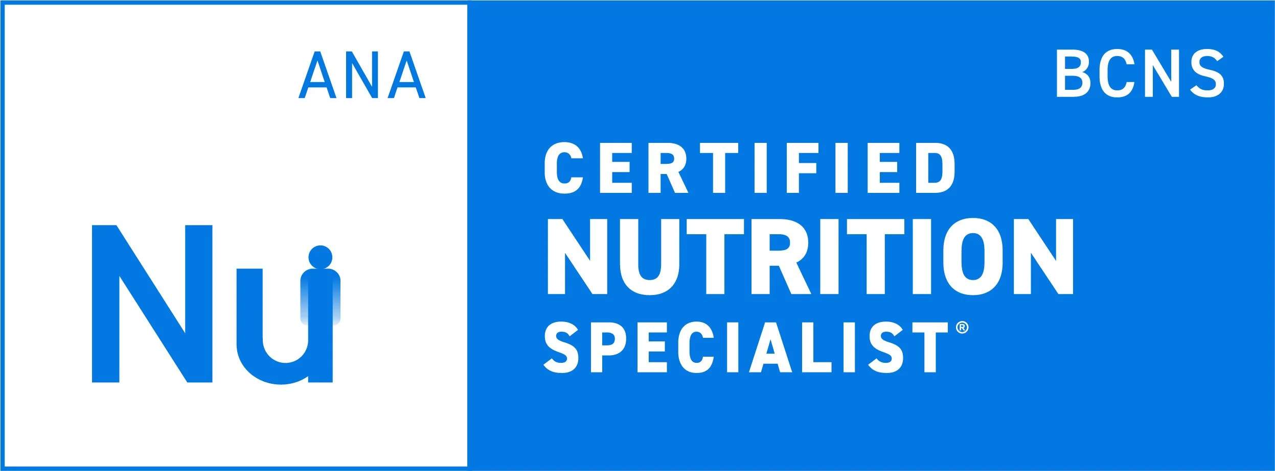 Logo for Certified Nutrition Specialist by the BCNS, featuring 'ANA Nu' on a blue and white background.