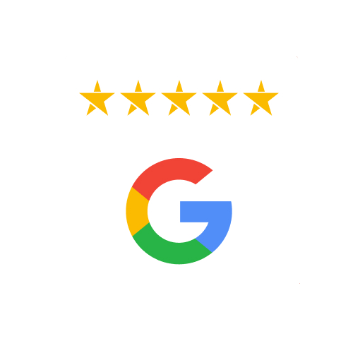 Google logo with five gold stars above it on a white background.
