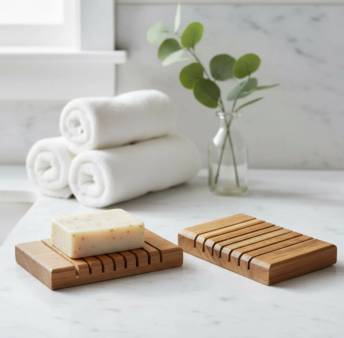Handcrafted wooden soap dishes with slotted design, styled in a clean bathroom setting.