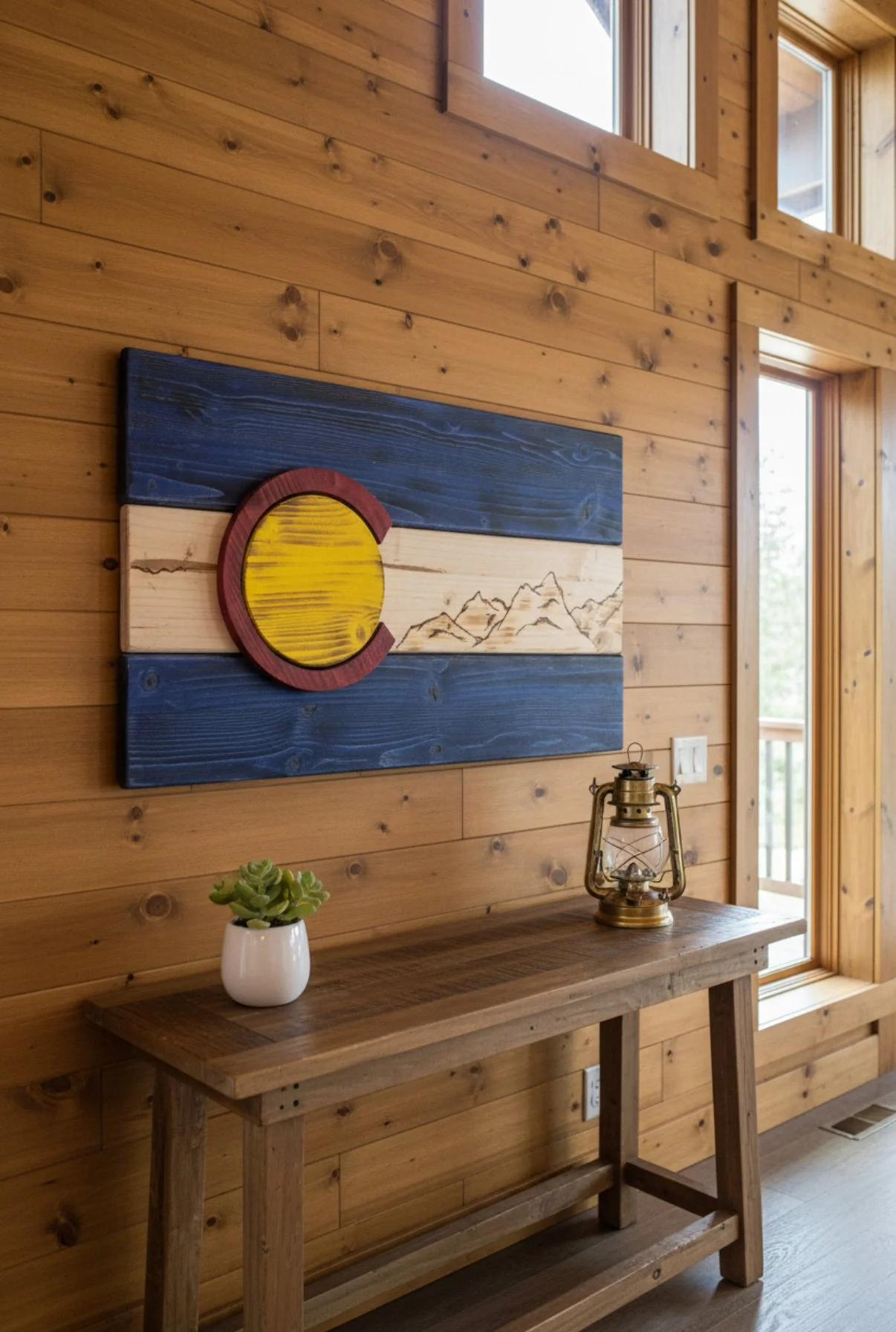 Handcrafted Colorado flag wood wall art displayed in a rustic wood-paneled room.