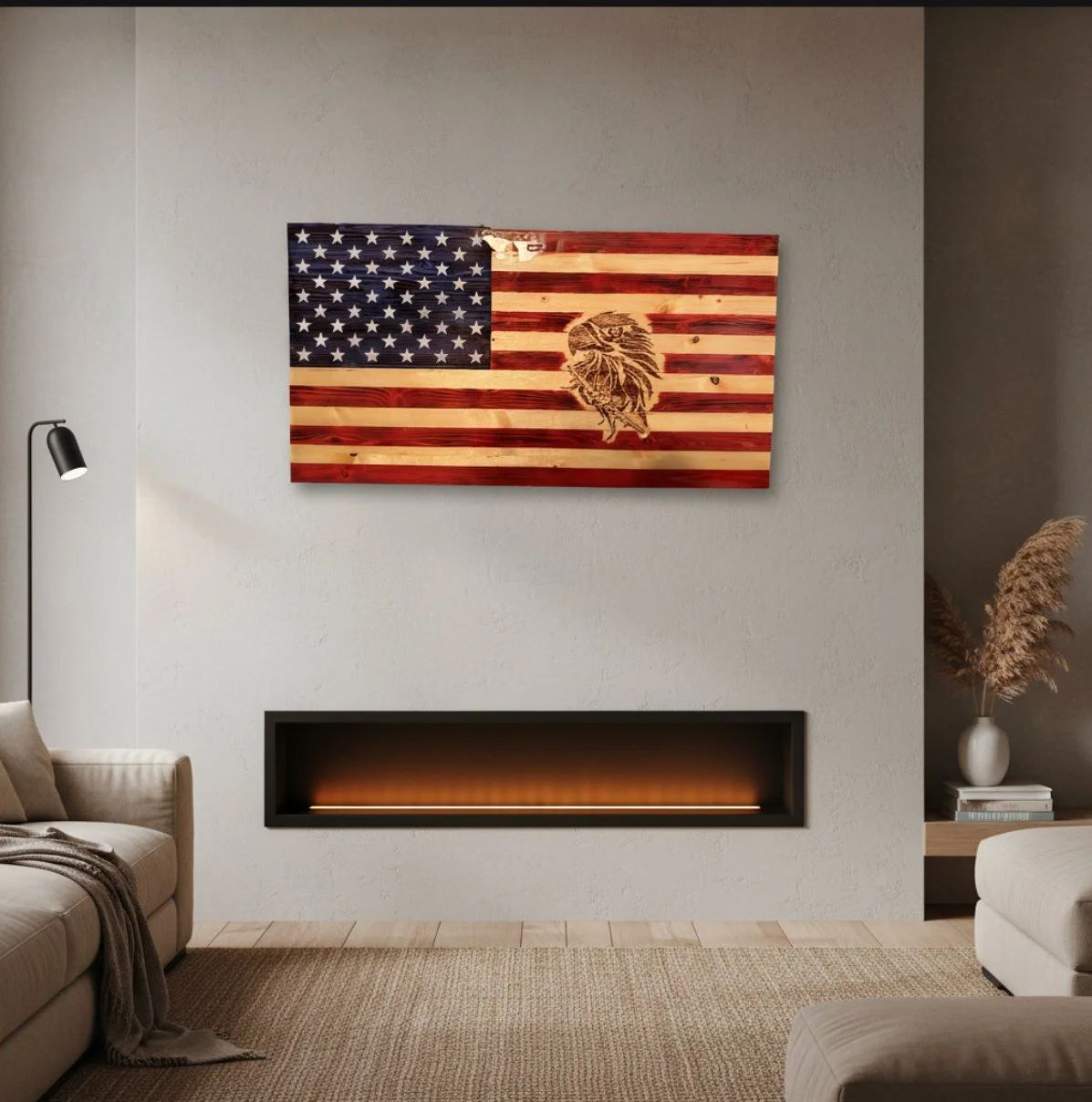 Handcrafted wooden American flag wall art with wood-burned eagle, made by Fired Grain Creations.