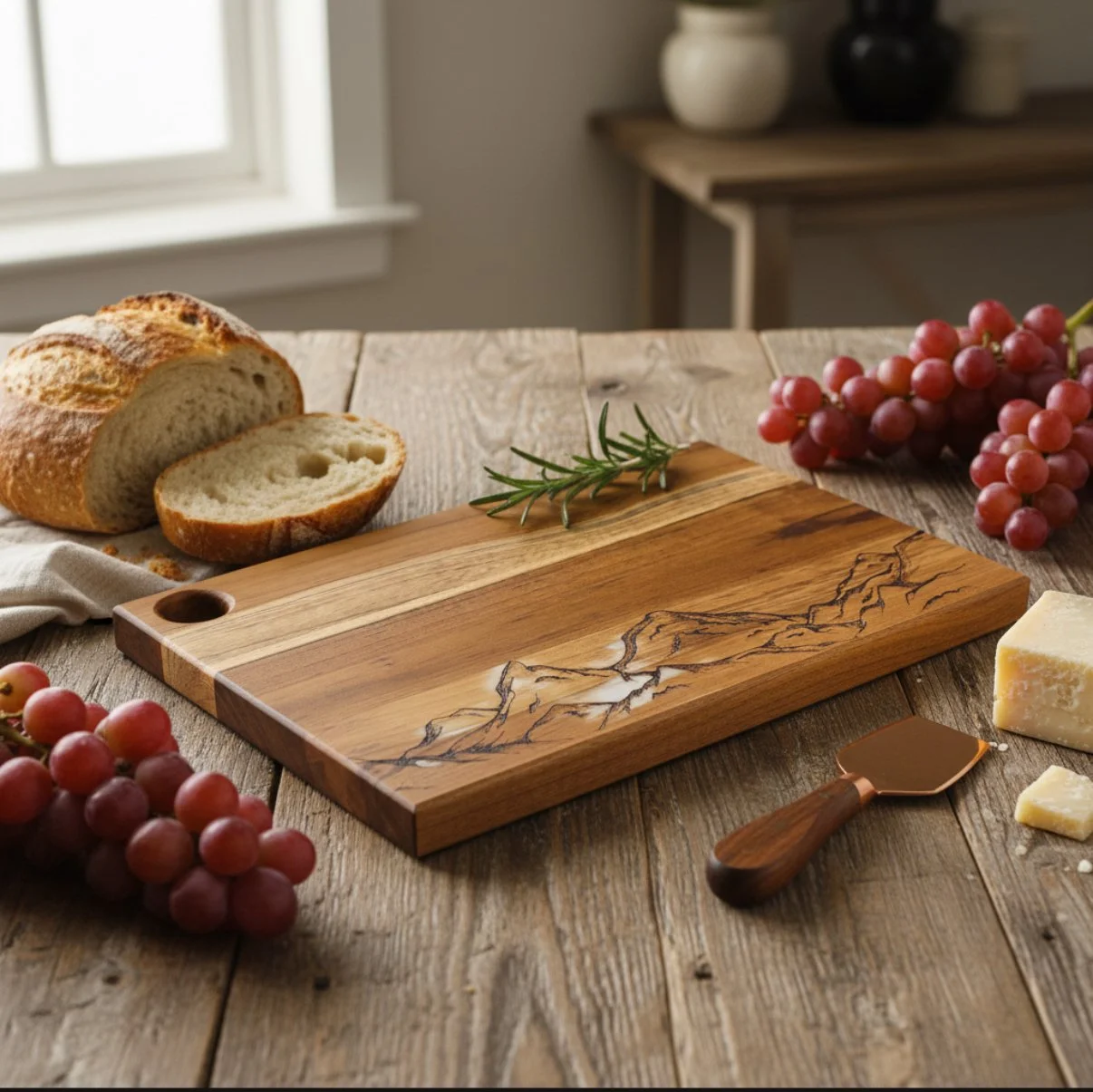 Handcrafted wooden charcuterie board with natural wood grain, styled with bread, grapes, and cheese.