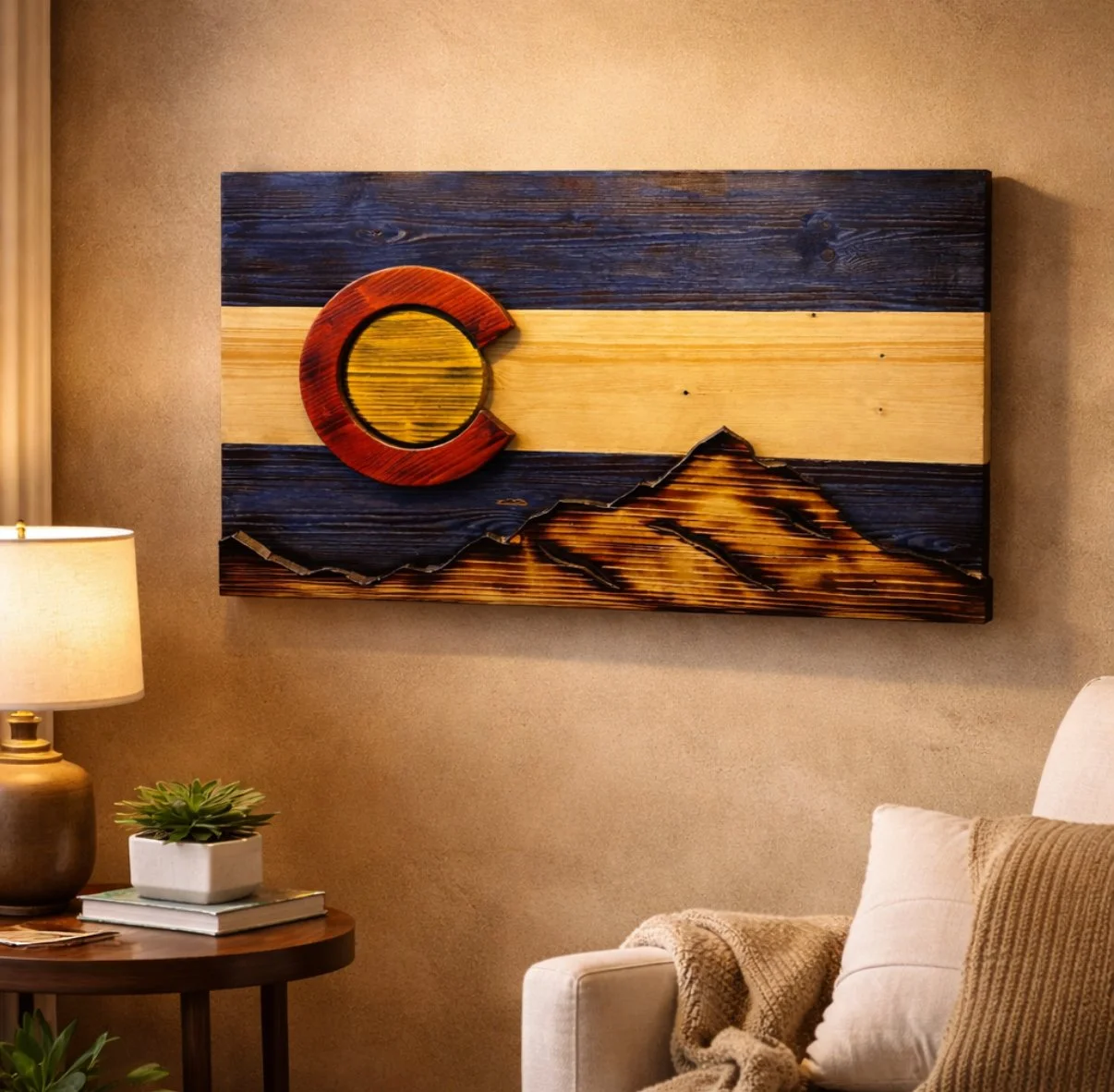 Wooden art piece depicting a mountain landscape with a crescent moon, mounted on a beige wall in a cozy living room.