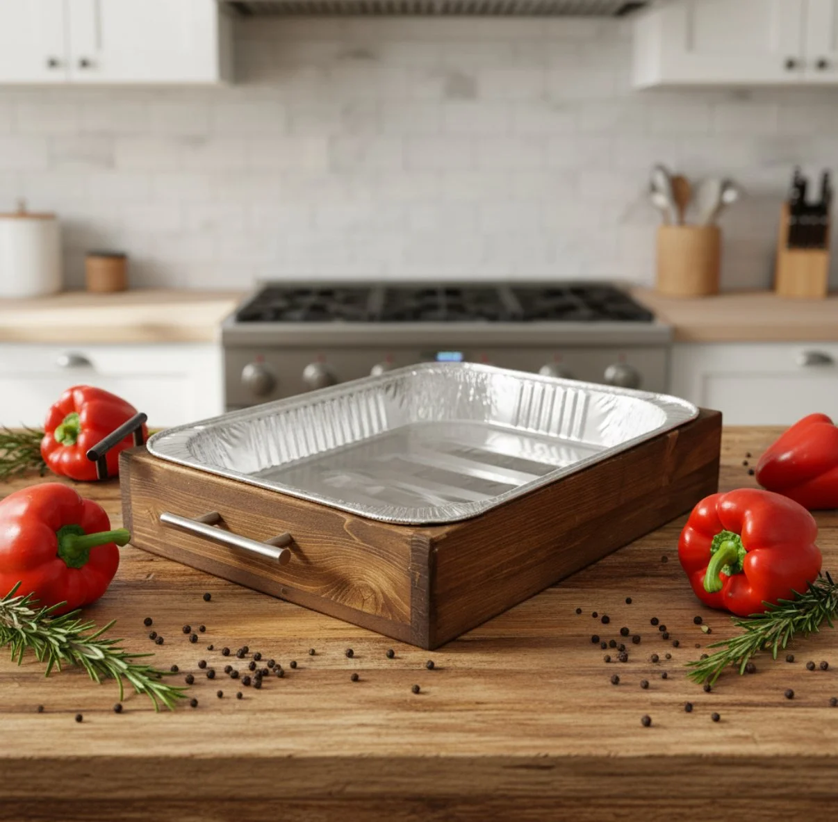Handcrafted wooden noodle board with metal handles, styled in a kitchen with peppers and herbs.