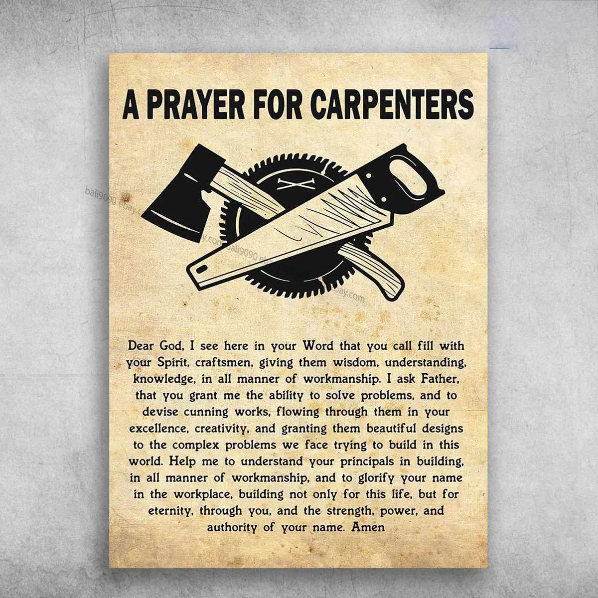 Vintage-style graphic titled ‘A Prayer for Carpenters’ featuring hand tools and a written prayer about faith and craftsmanship.