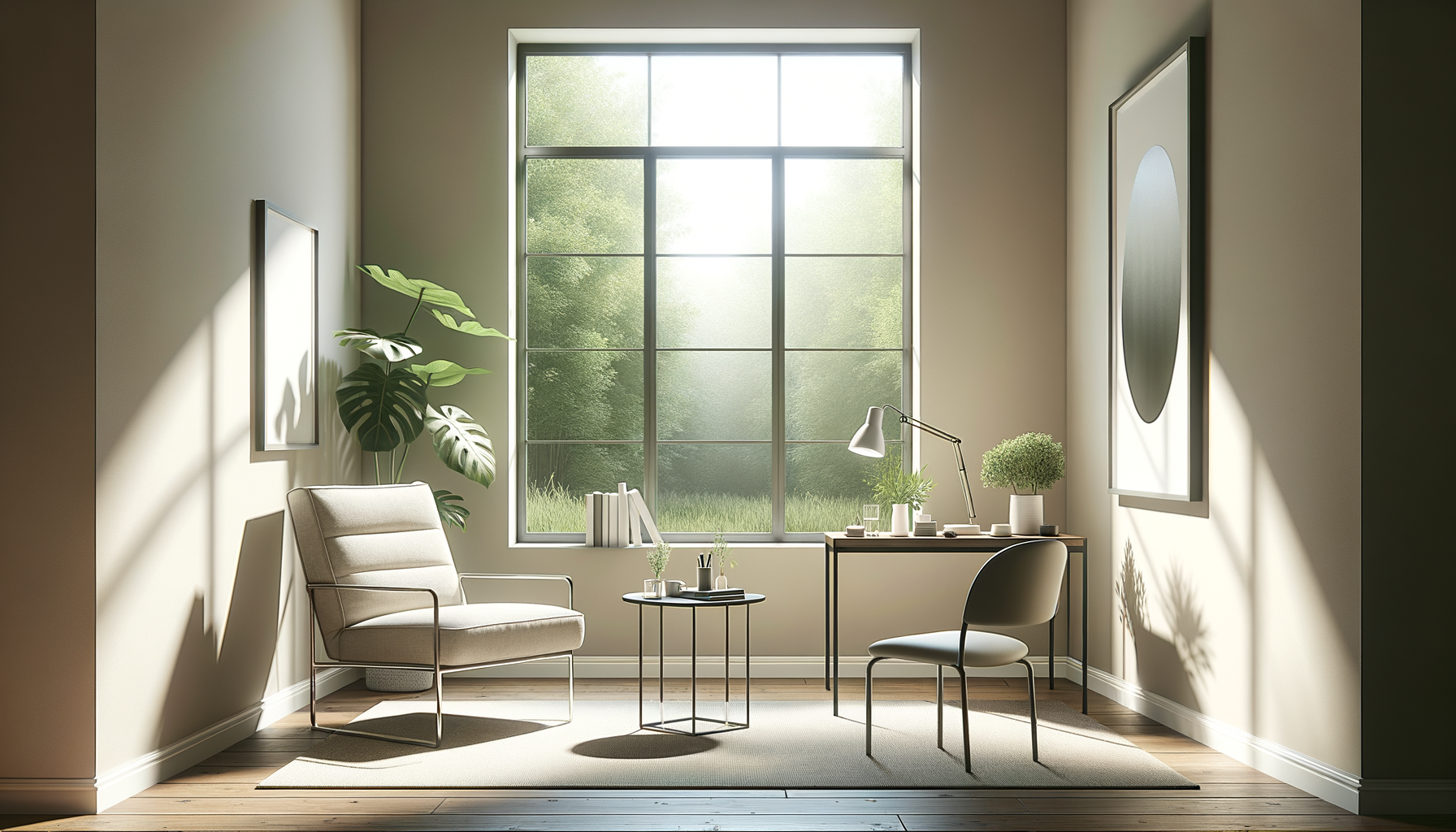 Bright and minimalist home office with large window, beige walls, white chair, small side table with potted plants, desk with lamp, artwork on walls, and green outdoor view.
