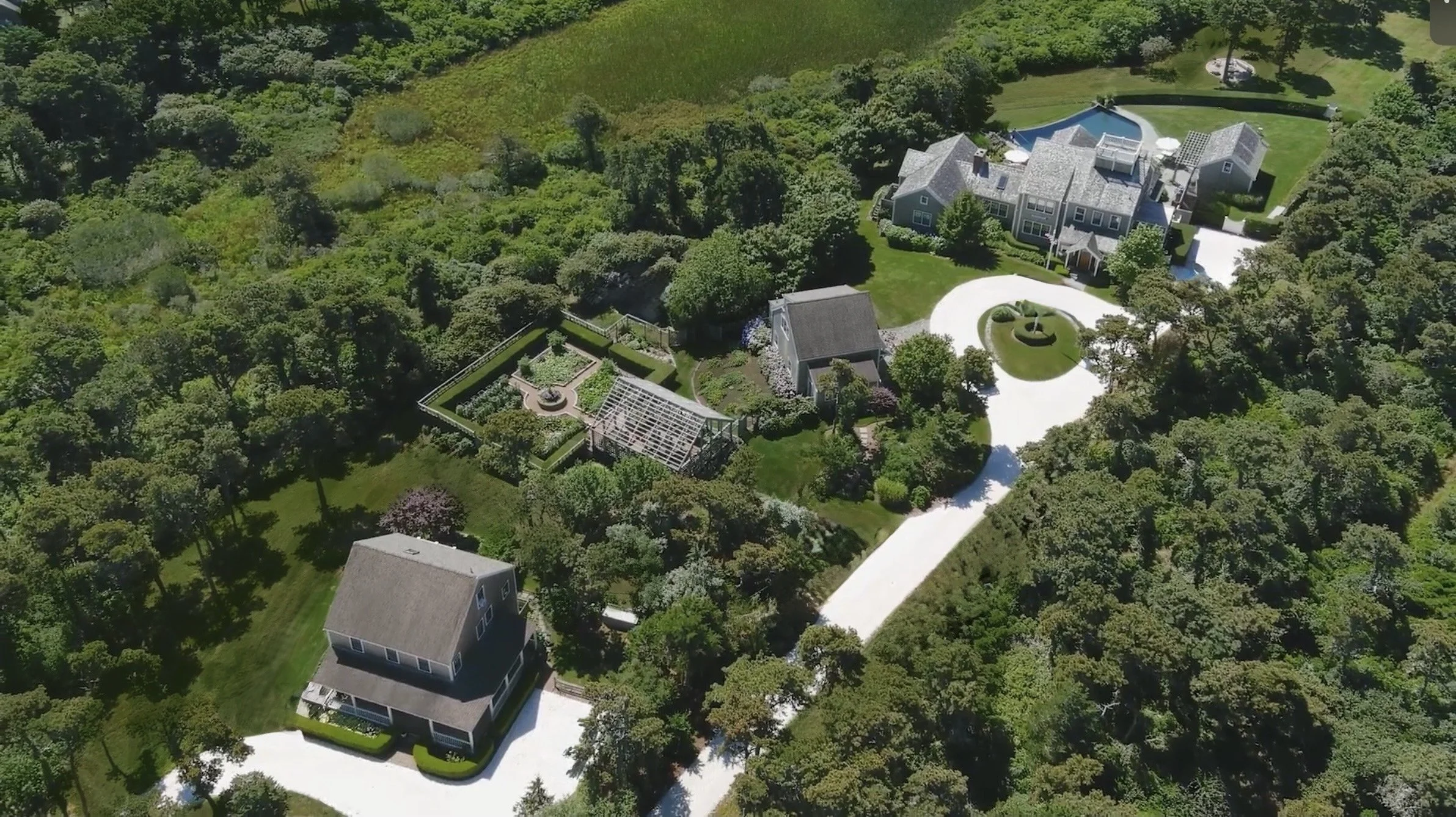 Aerial view of One Pochick a private estate on Nantucket available for discreet rentals