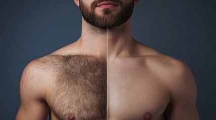 A shirtless man with a beard, showing a comparison of hairy and waxed chest halves. before and after waxing