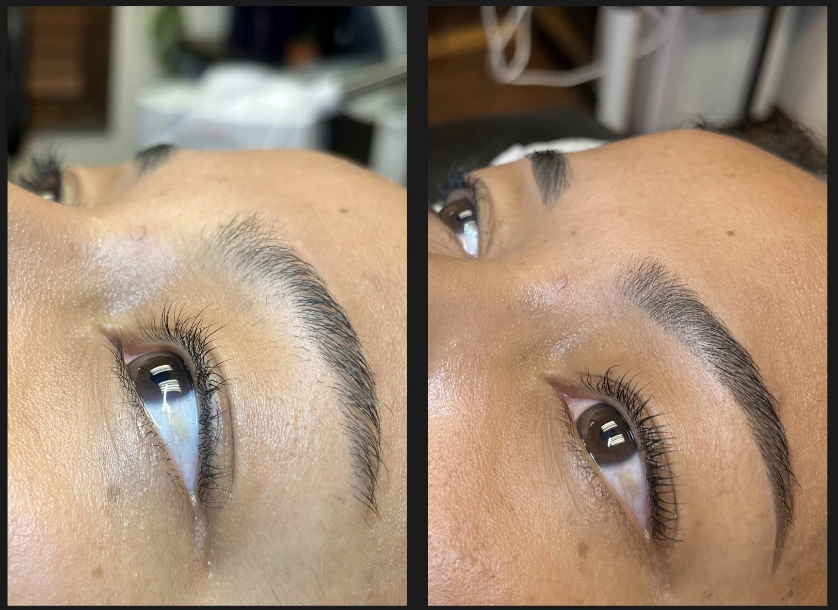 Close-up view of a woman's eye with natural eyebrows before and after eyebrow grooming, lash lift before and after, brow shaping and tint transformation. The left side shows the natural brow, and the right side displays a more defined, shaped brow.