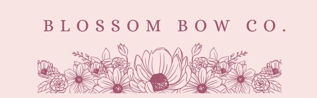 Pink background with floral illustration and the text "Blossom Bow Co." in purple.