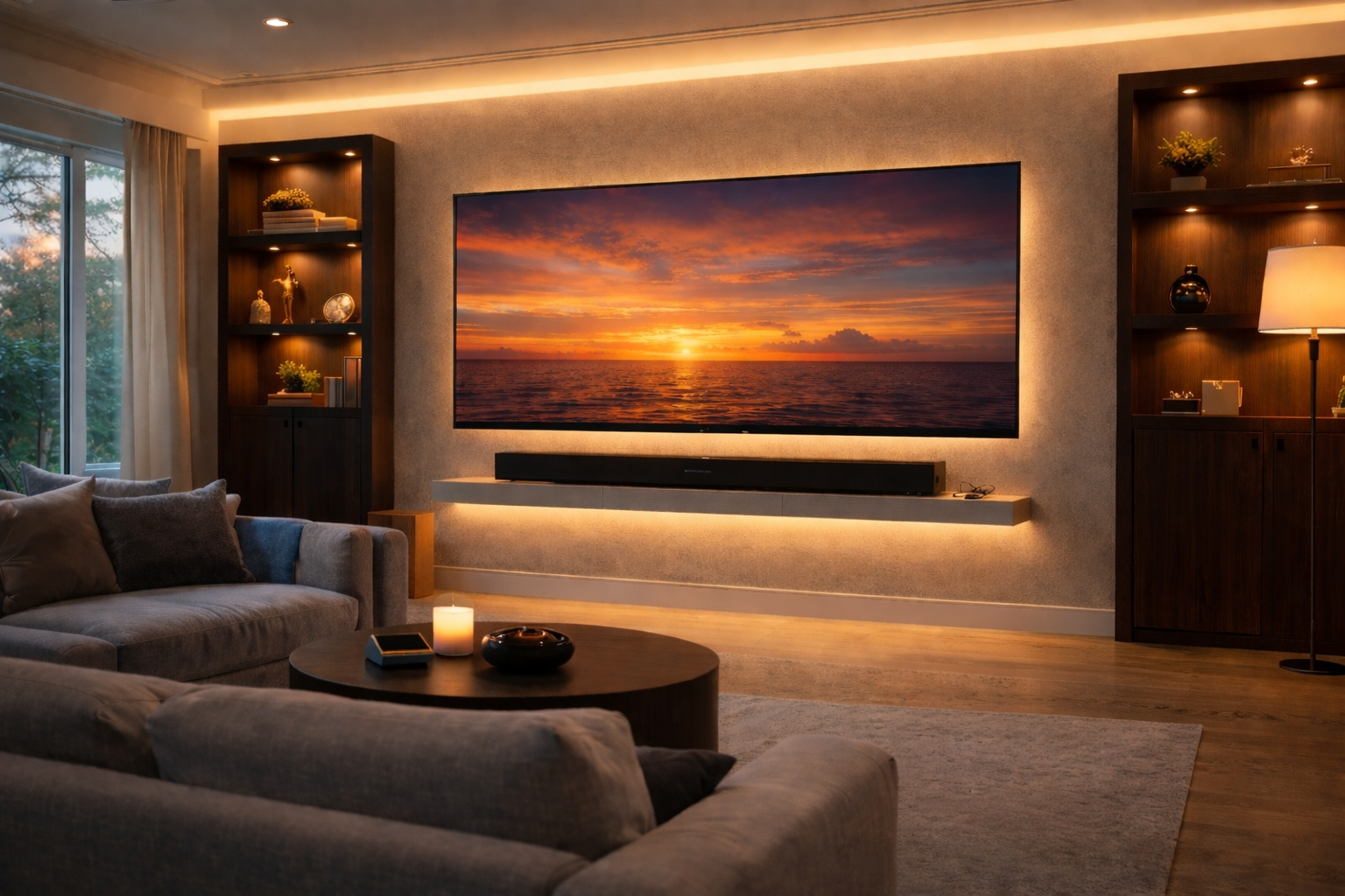 A living room with a large flat-screen TV displaying a sunset over the ocean, surrounded by dark wood shelves with decorative items, a gray sofa with cushions, a round coffee table with a candle and remote, a large window with curtains, and warm ambient lighting.