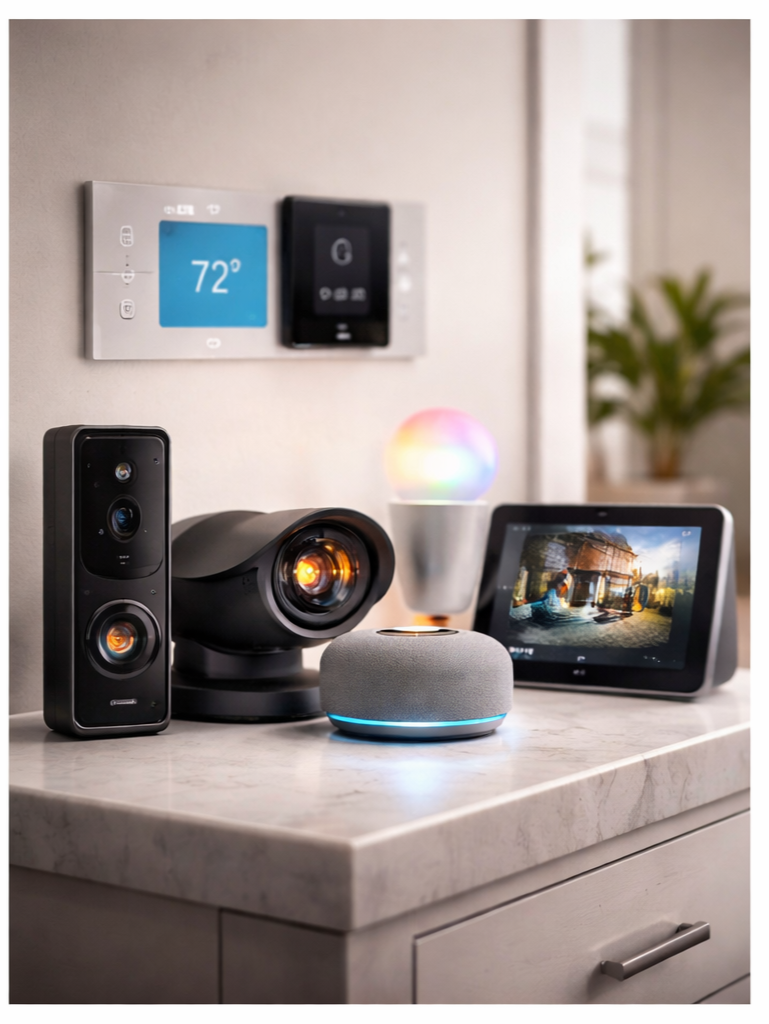 Smart home entertainment and climate control devices on a marble countertop, including a speaker, a projector, a smart display, and a colorful lamp with a lighted wall panel showing temperature set to 72°F.