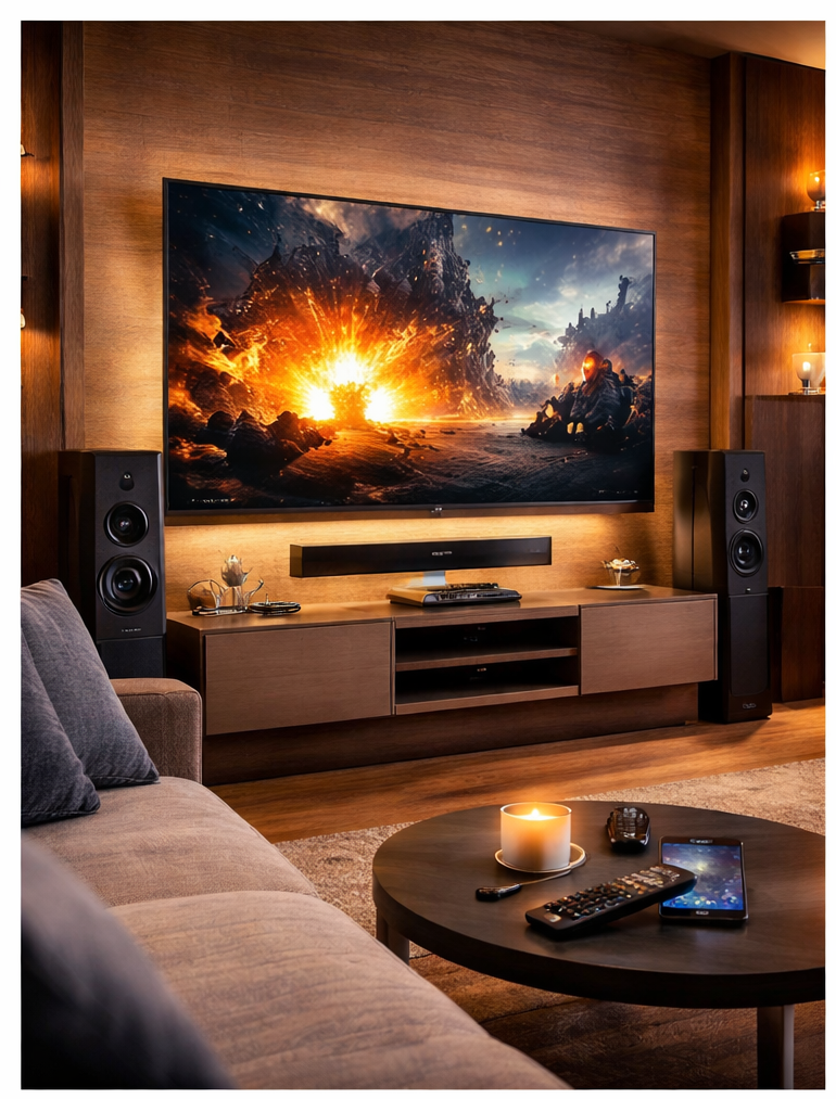 Living room with a large flat-screen TV displaying a fiery landscape, surrounded by wooden walls, with speakers on either side and a TV stand with electronic devices. A plush sofa, a round coffee table with a lit candle, remote controls, and a smartphone are also visible.