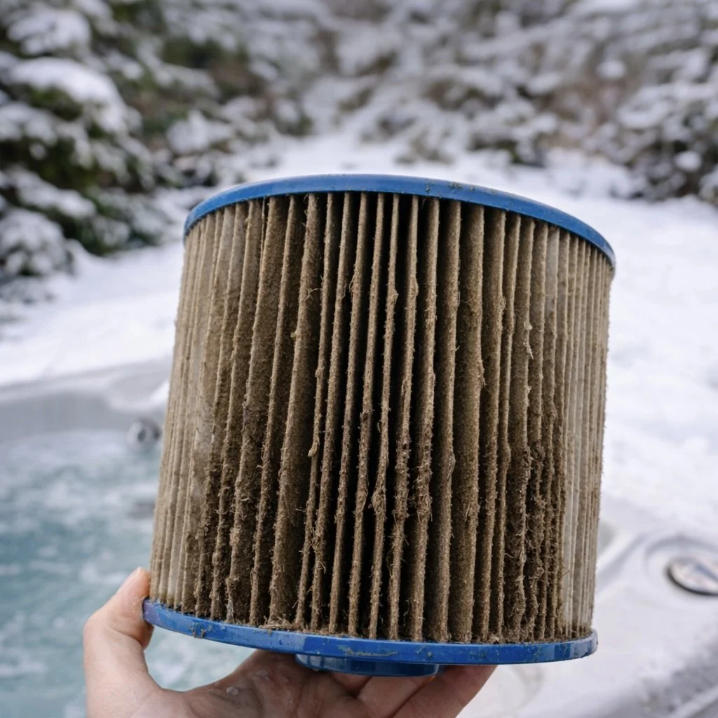 Close-up of a dirty rectangular pool filter with vertical pleats, being held outdoors in a snowy landscape.