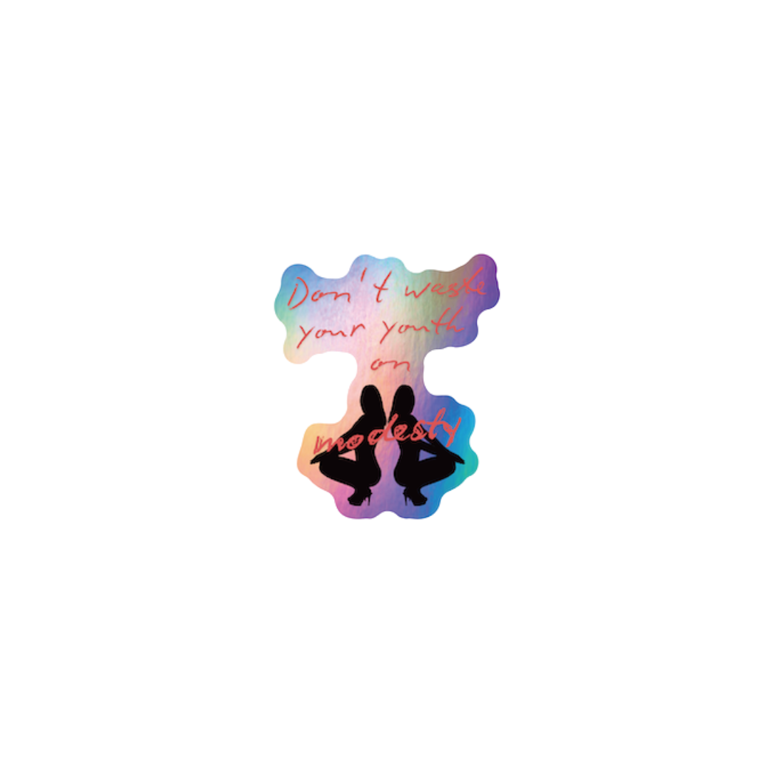 Colorful abstract background with black silhouettes of women squatting, and red handwritten text that says 'Don't waste your youth on modesty'.