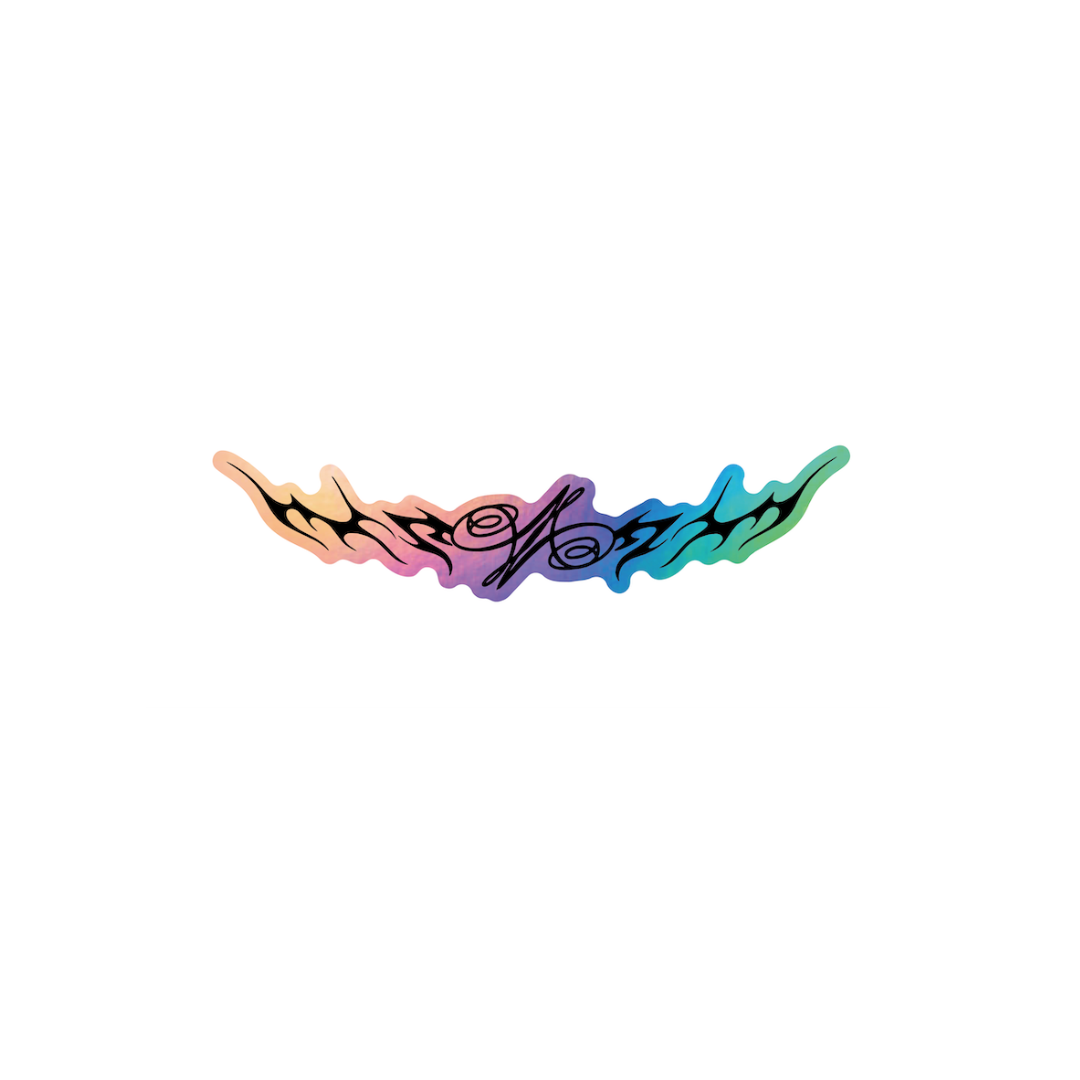 Colorful holographic sticker with black logo in the center 
