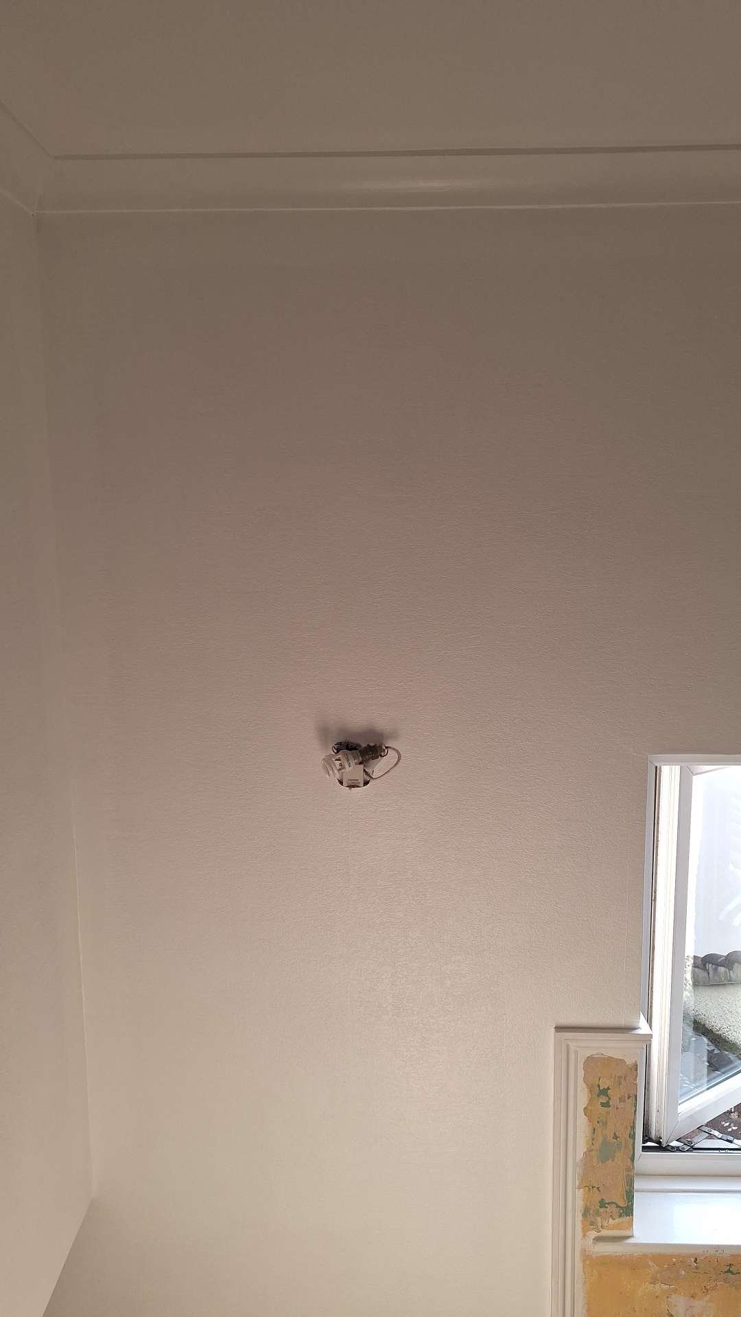 Ceiling with a light fixture removed, exposed wiring, and a partially painted wall near a window.