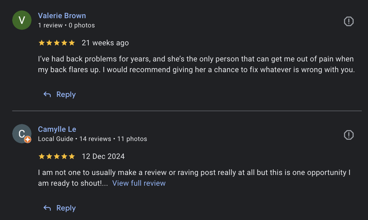 Screenshot of online reviews with two user comments about a person helping with back pain, showing star ratings and review dates.