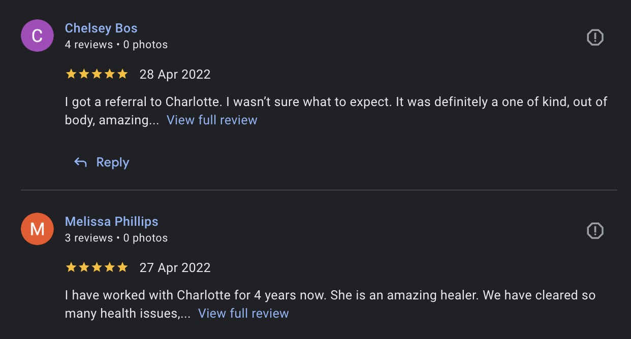 Screenshots of customer reviews for Charlotte from two different users, Chelsey Bos and Melissa Phillips, on an online platform. Both reviews are five stars, with Chelsey praising her experience and Melissa praising Charlotte as an amazing healer.