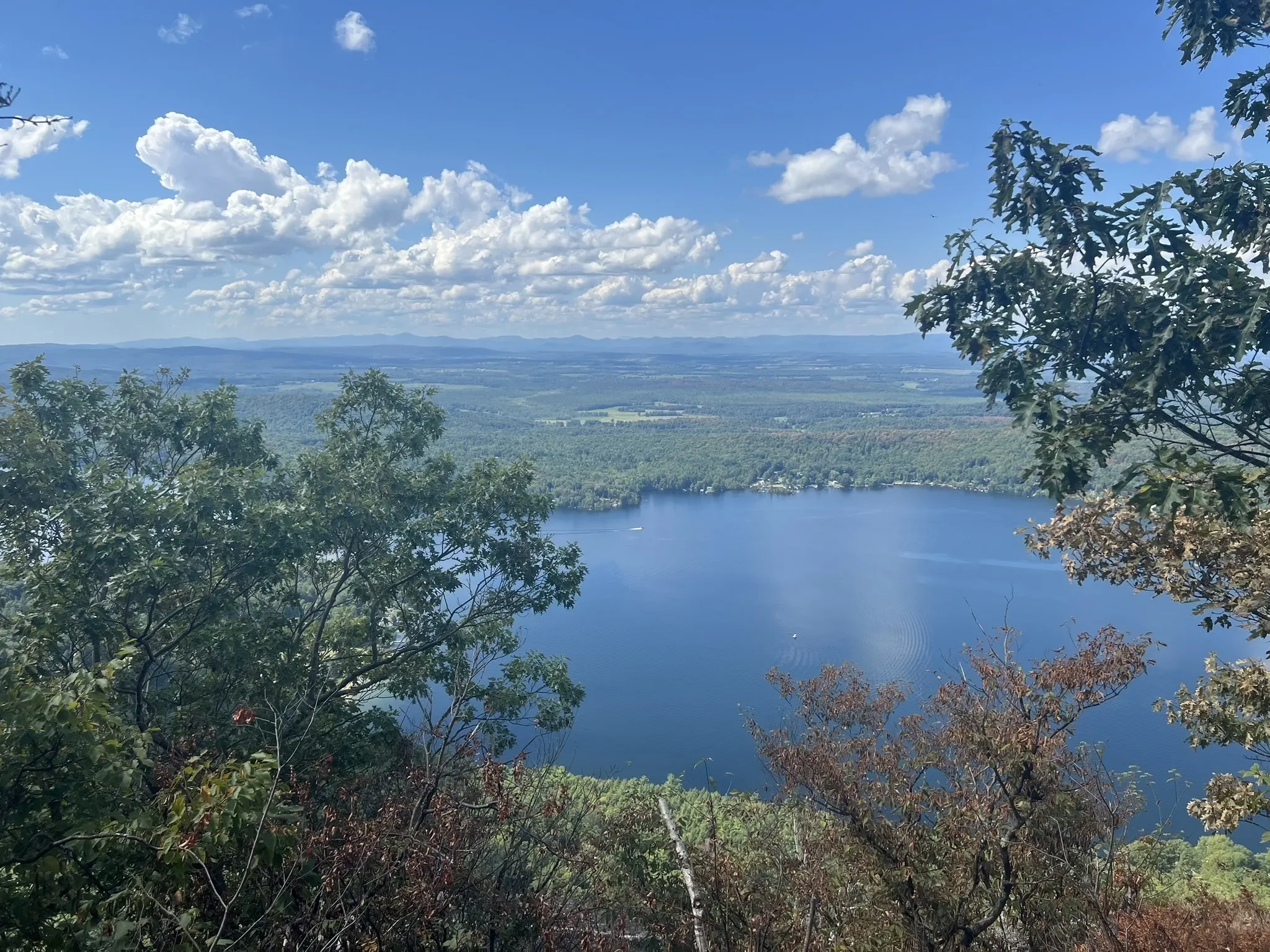 A scenic view of a large lake surrounded by green trees and rolling hills in the distance, with a partly cloudy sky overhead.