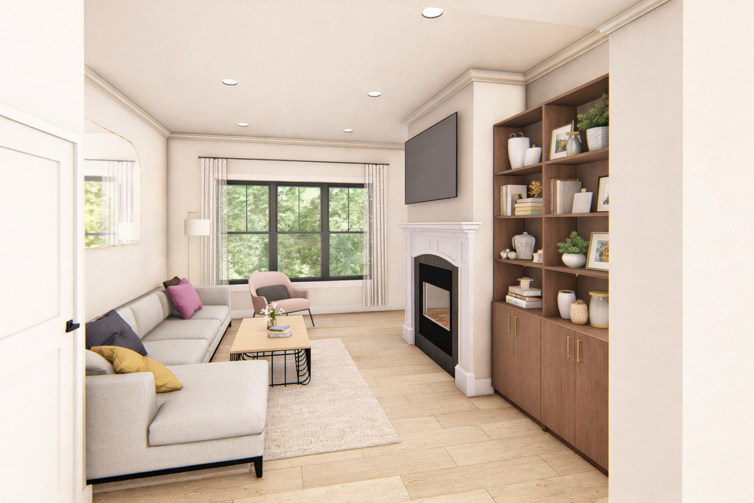 Cozy living room with fireplace and bookshelf.png
