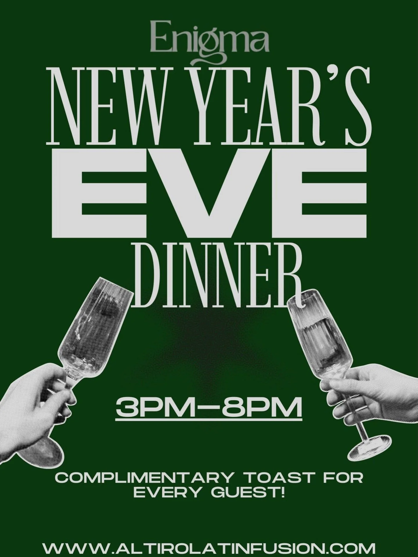 🎉 Ring in the New Year at Enigma 🎉
Celebrate New Year&rsquo;s Eve with dinner, cocktails, and a complimentary toast for every guest 🥂
An unforgettable night to close out the year. Reservations are recommended!
