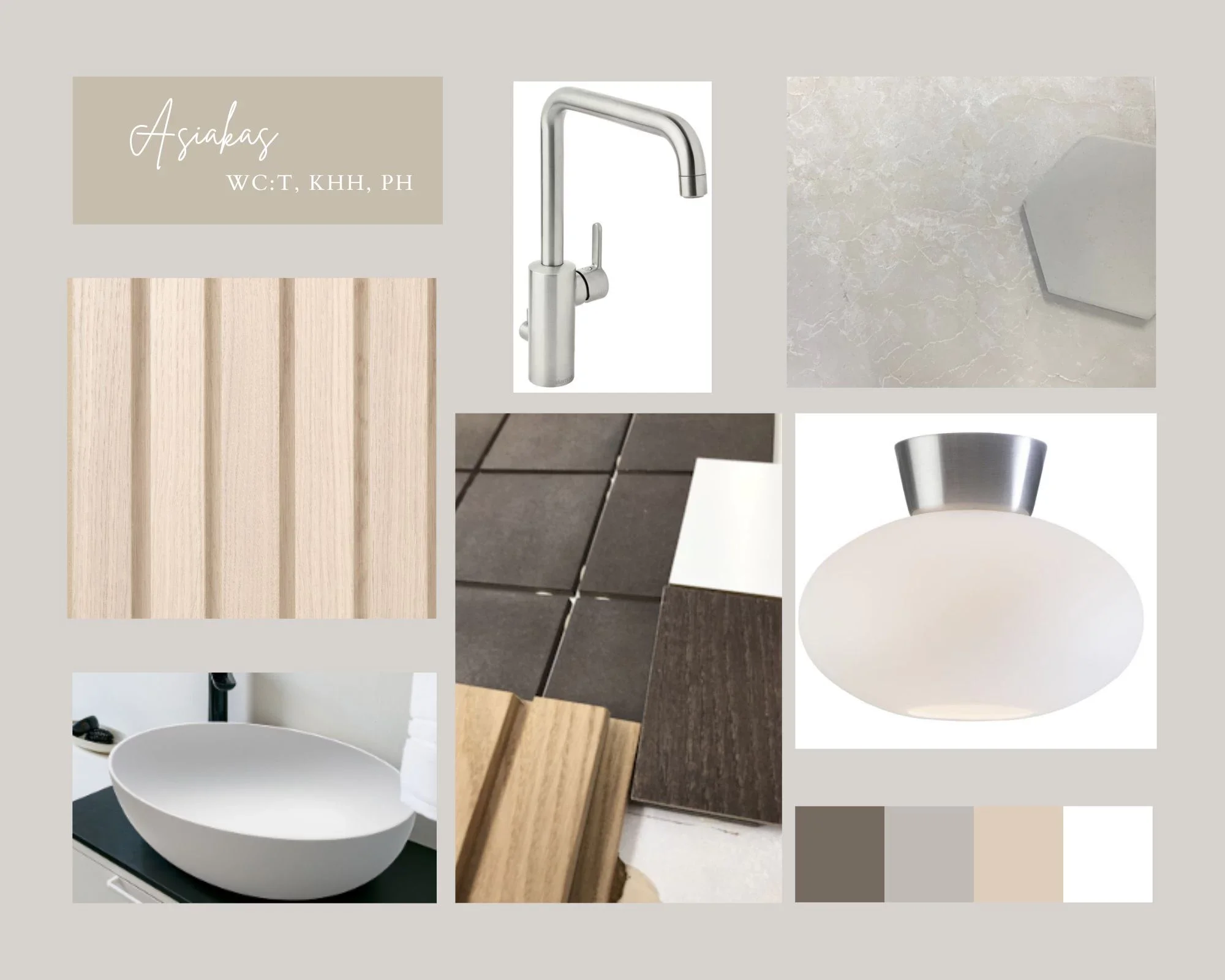 Sisustusmateriaalit ja vettä säästävä keittiöhana, vaalea puupaneli, marmoria ja tummia laattoja, valkoinen plafondivalaisin moodboardissa.