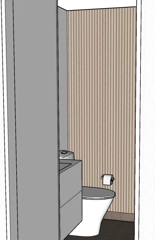 Kuva wc:stä, jossa on wc-istuin, valkoinen seinä ja vaalean puupaneeli takaseinässä. Kuvassa näkyy hieman myös allskaapistoa.