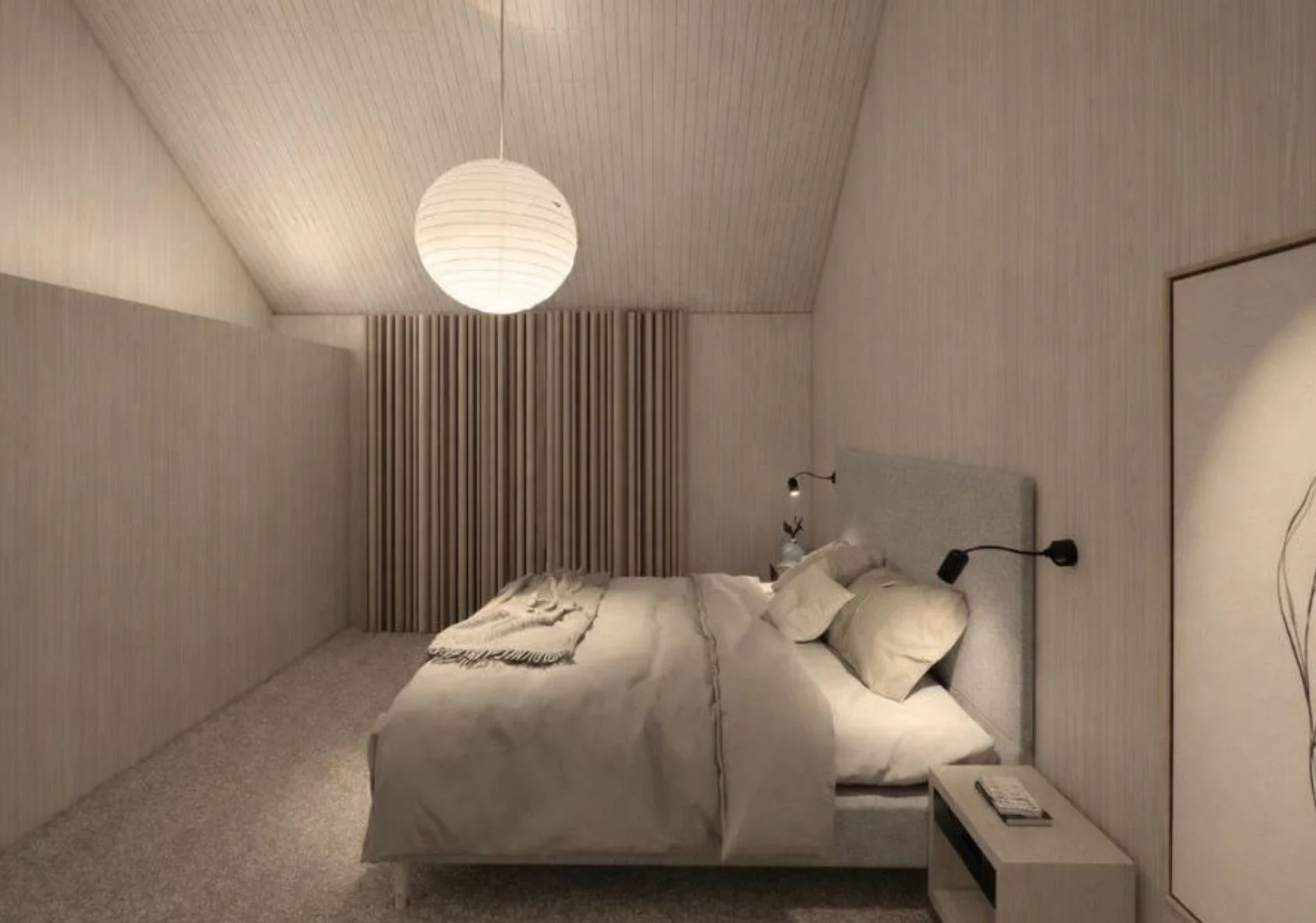 Makuuhuone, jossa vuode ja yöpöydät, modernisti sisustettu, pehmeät värit, vaalea harmaa ja beige, keskellä kattovalaisimena riisipallo. Yksinkertainen ja rauhallinen tunnelma.