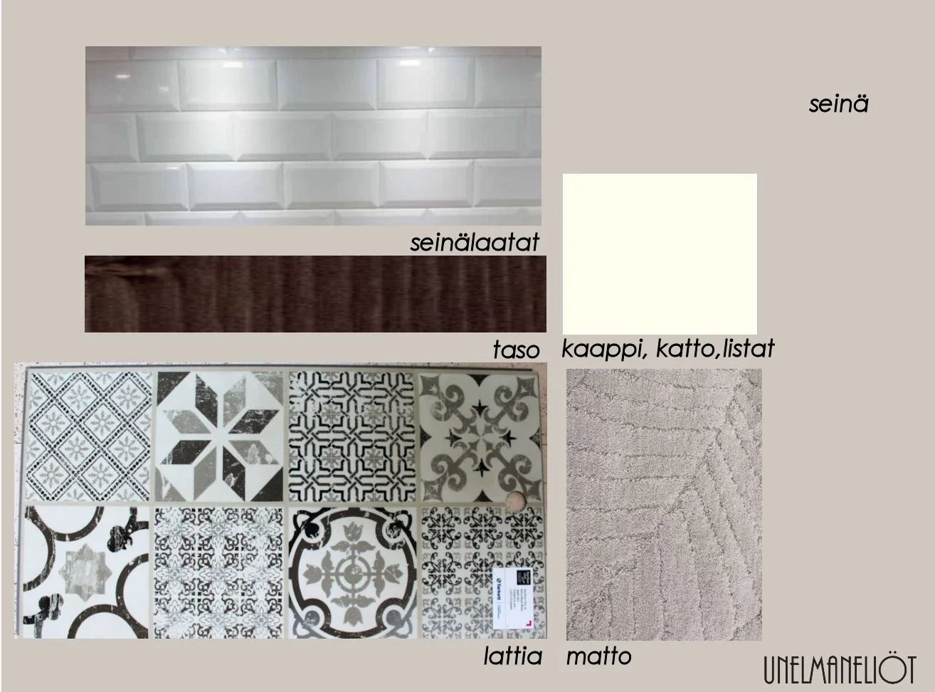 WC:n moodboard materiaaleista, sisältää seinälaattoja, pöytätason ja lattian laattoja.