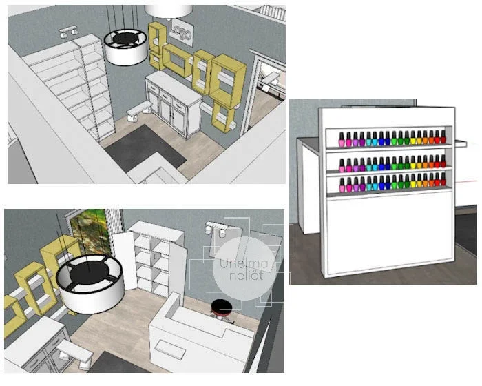 3d-piirrokset kauneushoitolan suunnitelmasta.