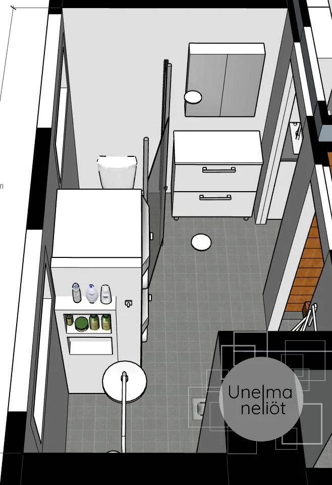 Kuvassa kylpyhuoneen 3D-malli, jossa wc, pesuallas, peilikaappi ja suihku.