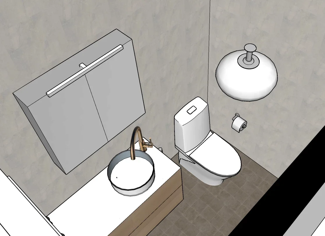 Wc-istuin, vessapaperirulla, pesuallas ja peili kylpyhuoneessa. Peilin yläpuolella valaisin ja katossa myös.