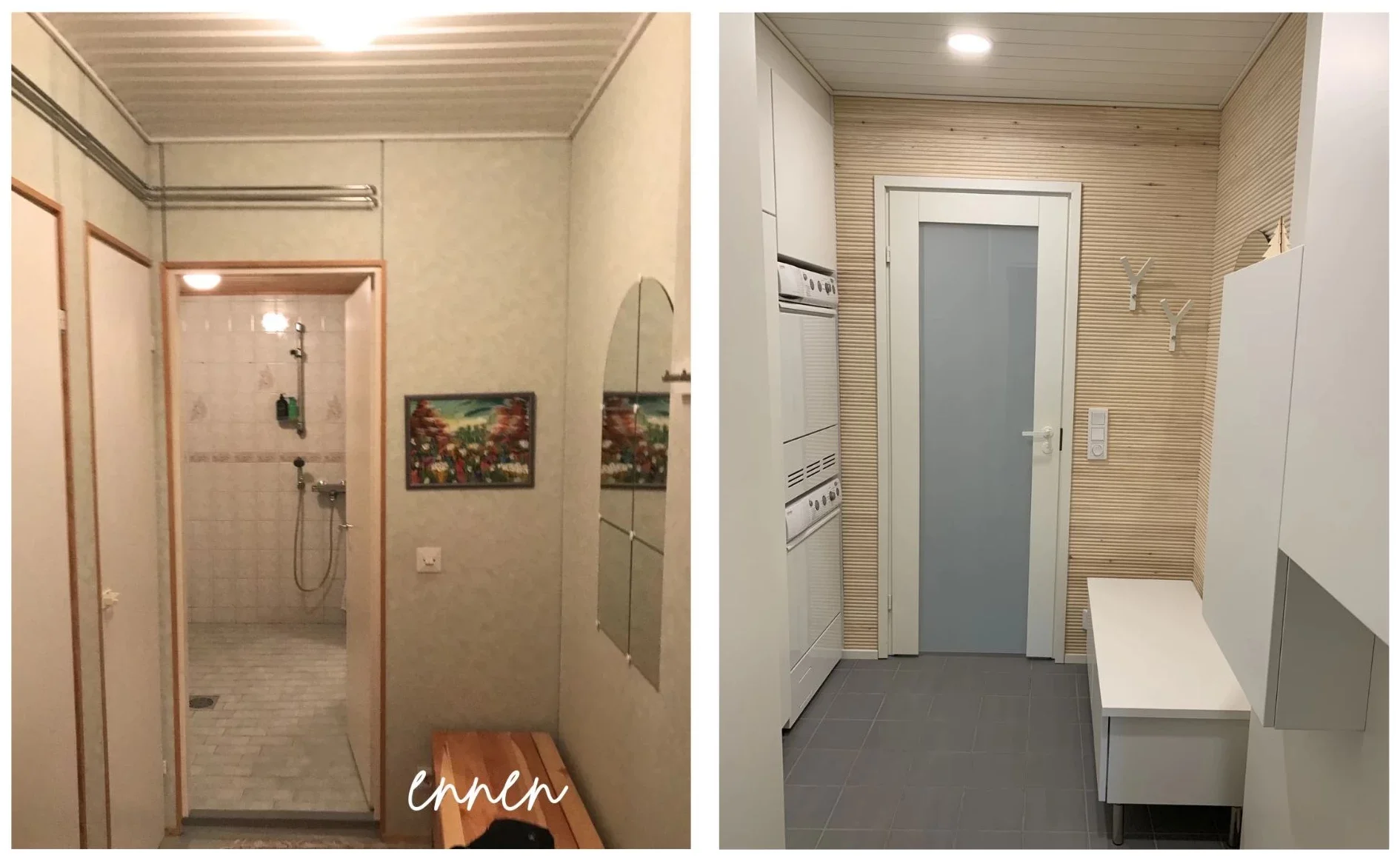 Kaksi kuvaa, vasemmassa vanha kylpyhuoneen näkymä ja oikeassa modernisoitu kylpyhuone, joka on remontoitu uudelleen. Vanhassa kylpyhuoneessa on vanhat värit ja vanhanaikainen design, kun taas uudessa kylpyhuoneessa on nykyaikainen ilme, vaalea väri ja moderni suunnittelu.