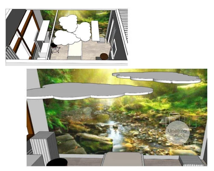 3d-piirrokset kauneushoitolan suunnitelmasta. Suunnitelmassa näkyy metsäinen kuvatapettiseinä.