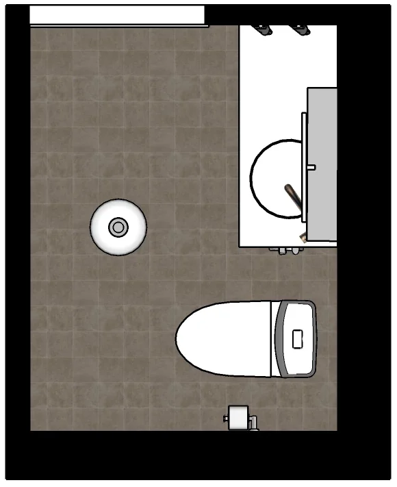 WC:n pohjapiirros, jossa pesuallas, wc-istuin ja kattoon kiinnitetty valaisin.